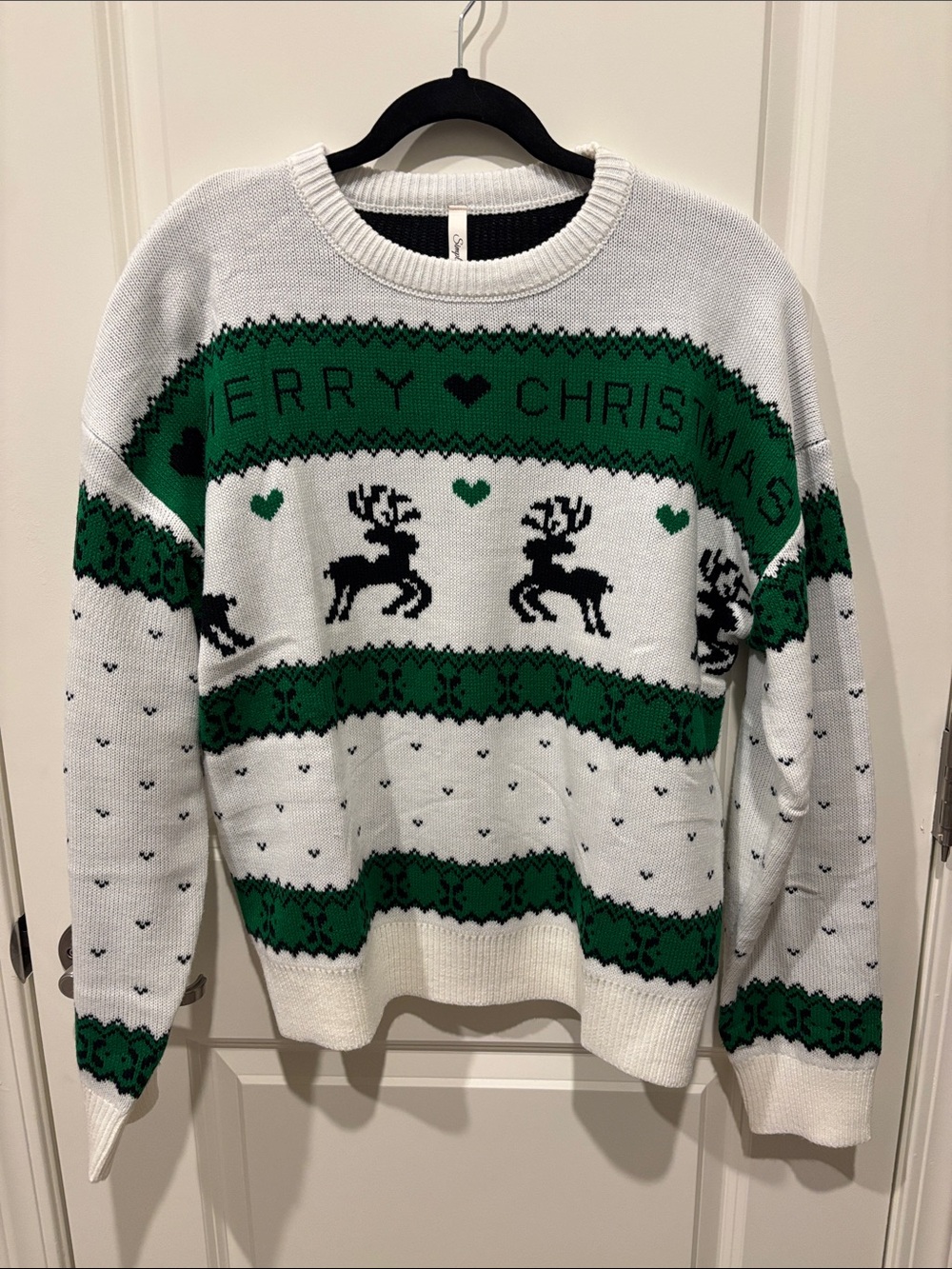 Simplee Apparel White & Green Merry Christmas Reindeer Knit Sweater